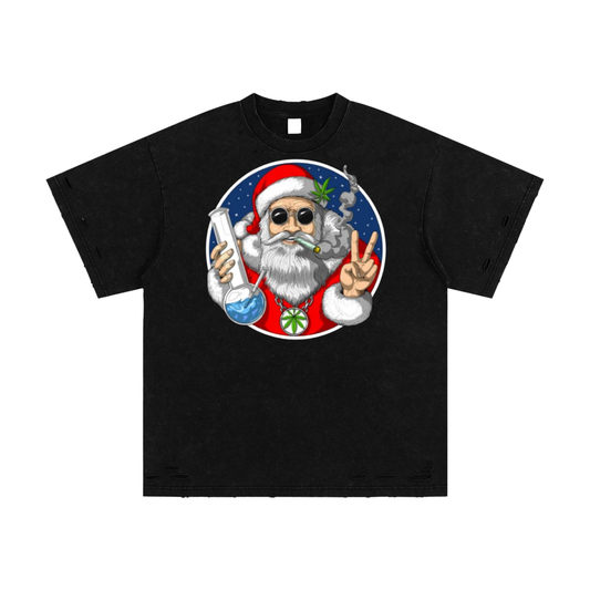 Heavyweight Snow Washed Hand-Frayed T-Shirt "Fun Santa"
